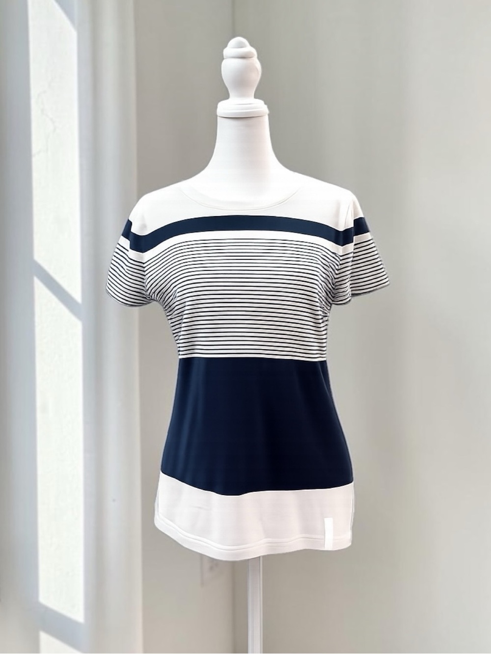 Lauren Ralph Lauren Navy White Striped Knit Tee Nautical Top Size Large L